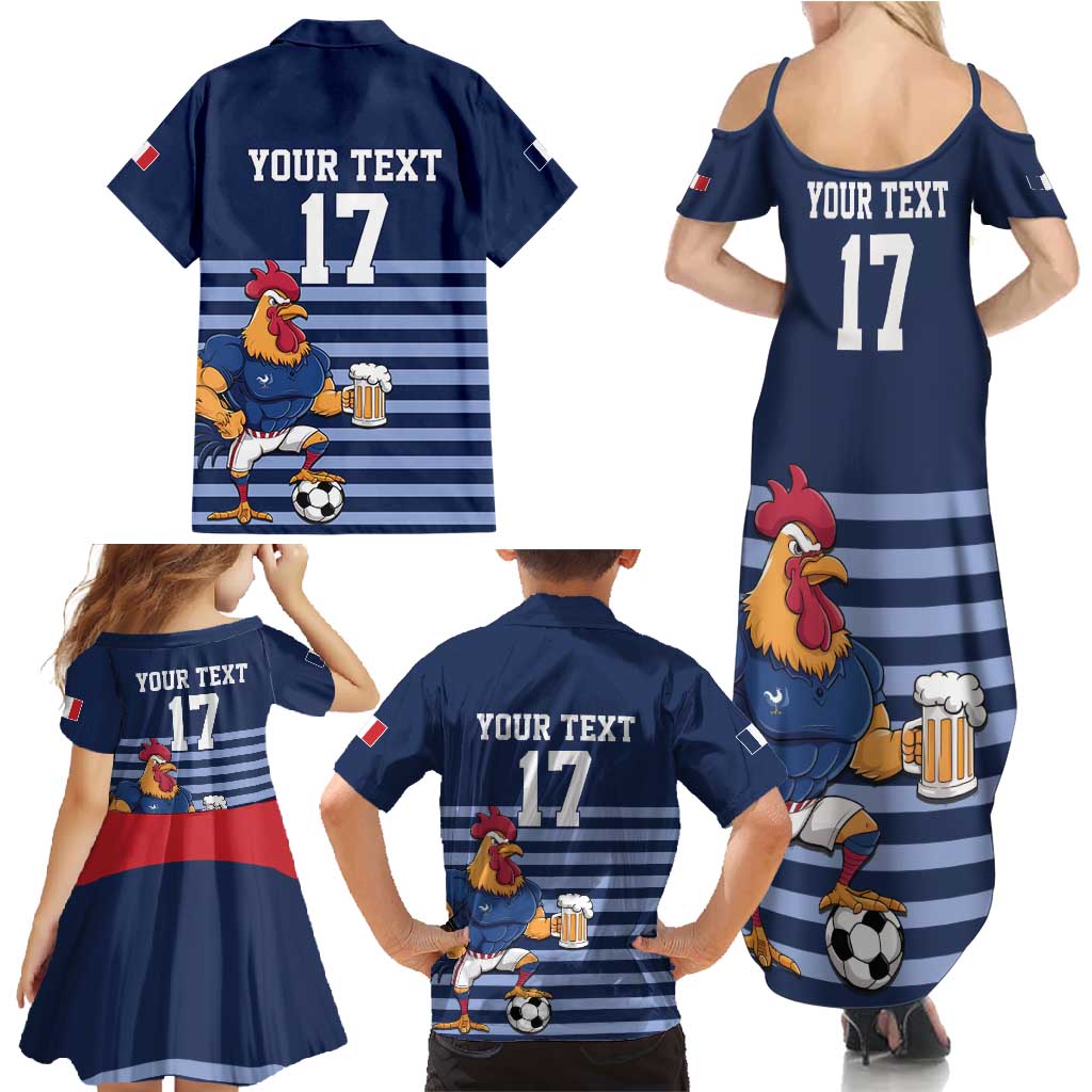 Custom France Football Family Matching Summer Maxi Dress and Hawaiian Shirt Blue Gallic Rooster Mascot