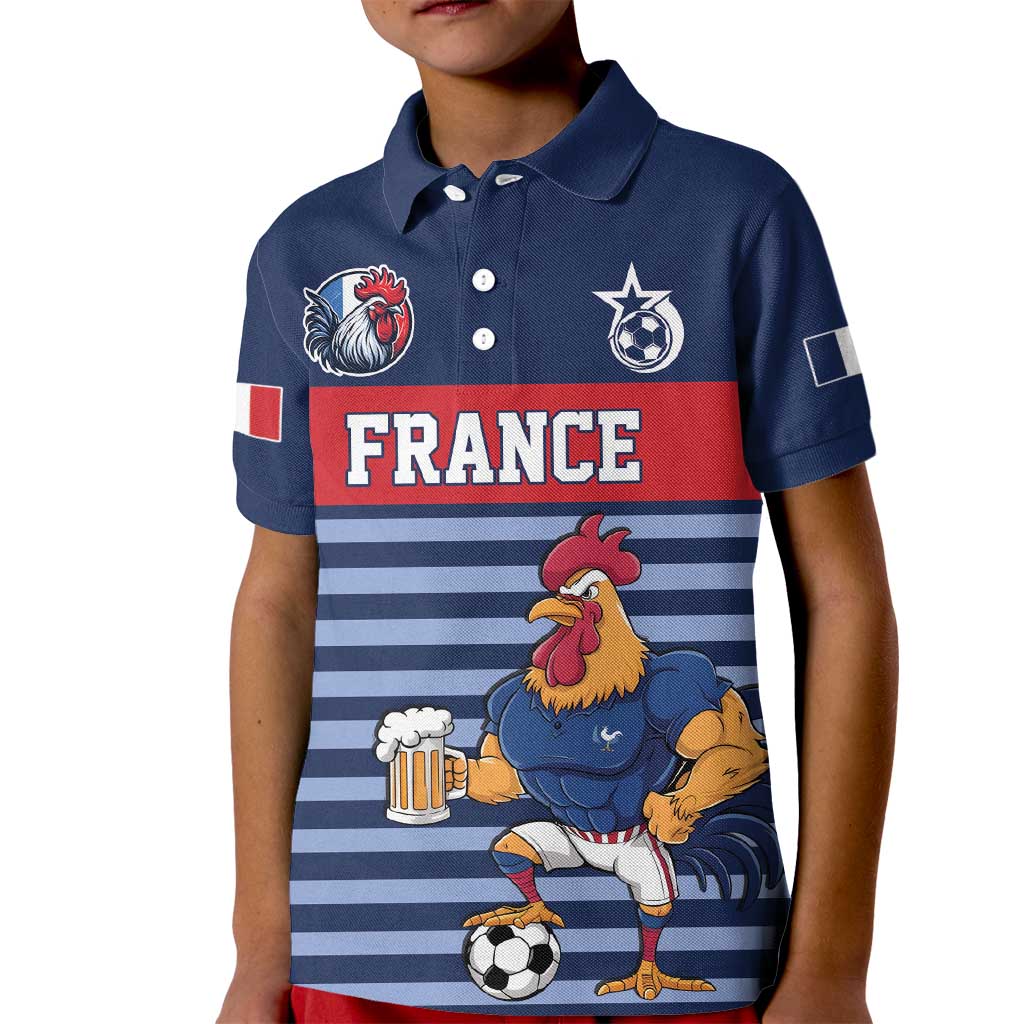 Custom France Football Kid Polo Shirt Blue Gallic Rooster Mascot
