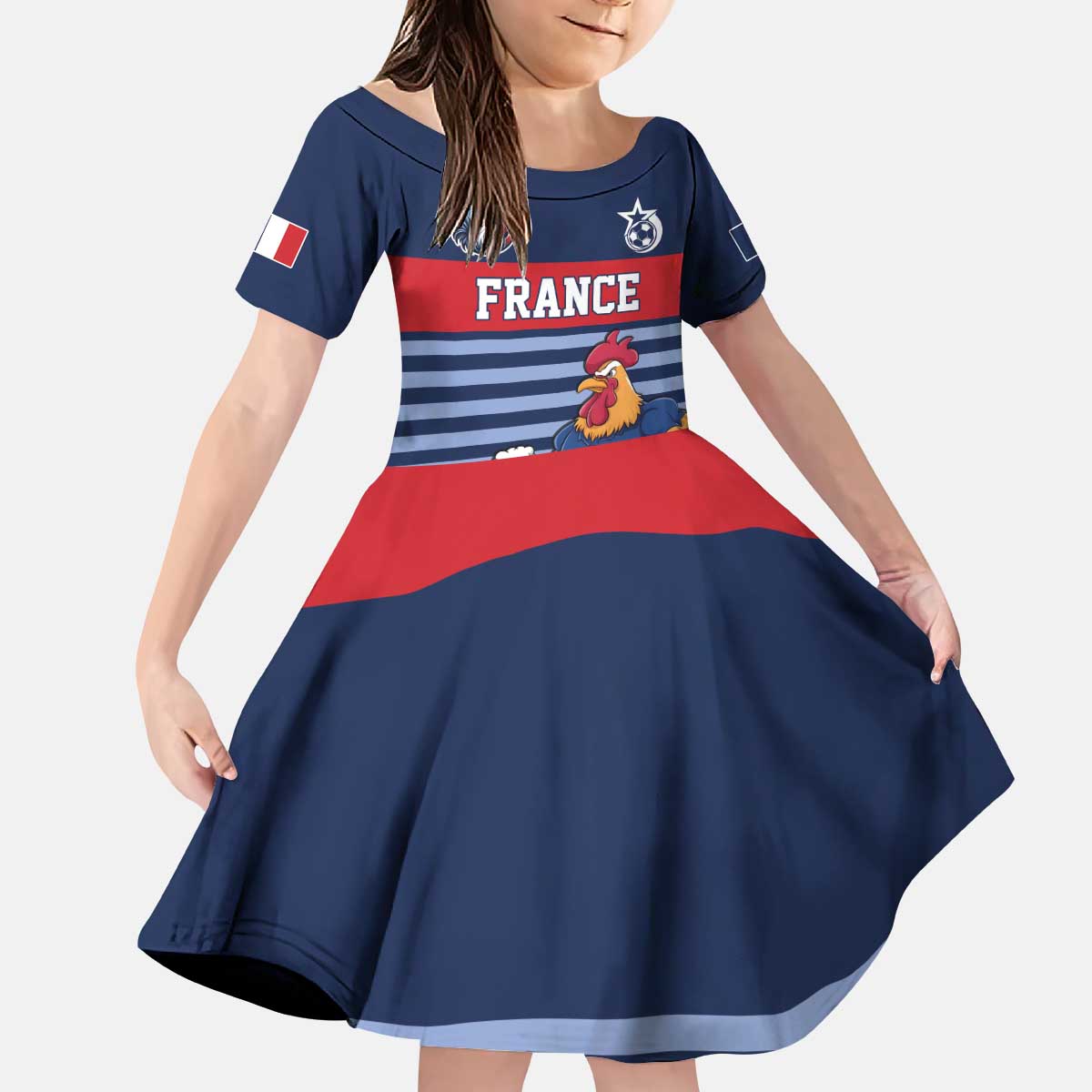 Custom France Football Kid Short Sleeve Dress Blue Gallic Rooster Mascot