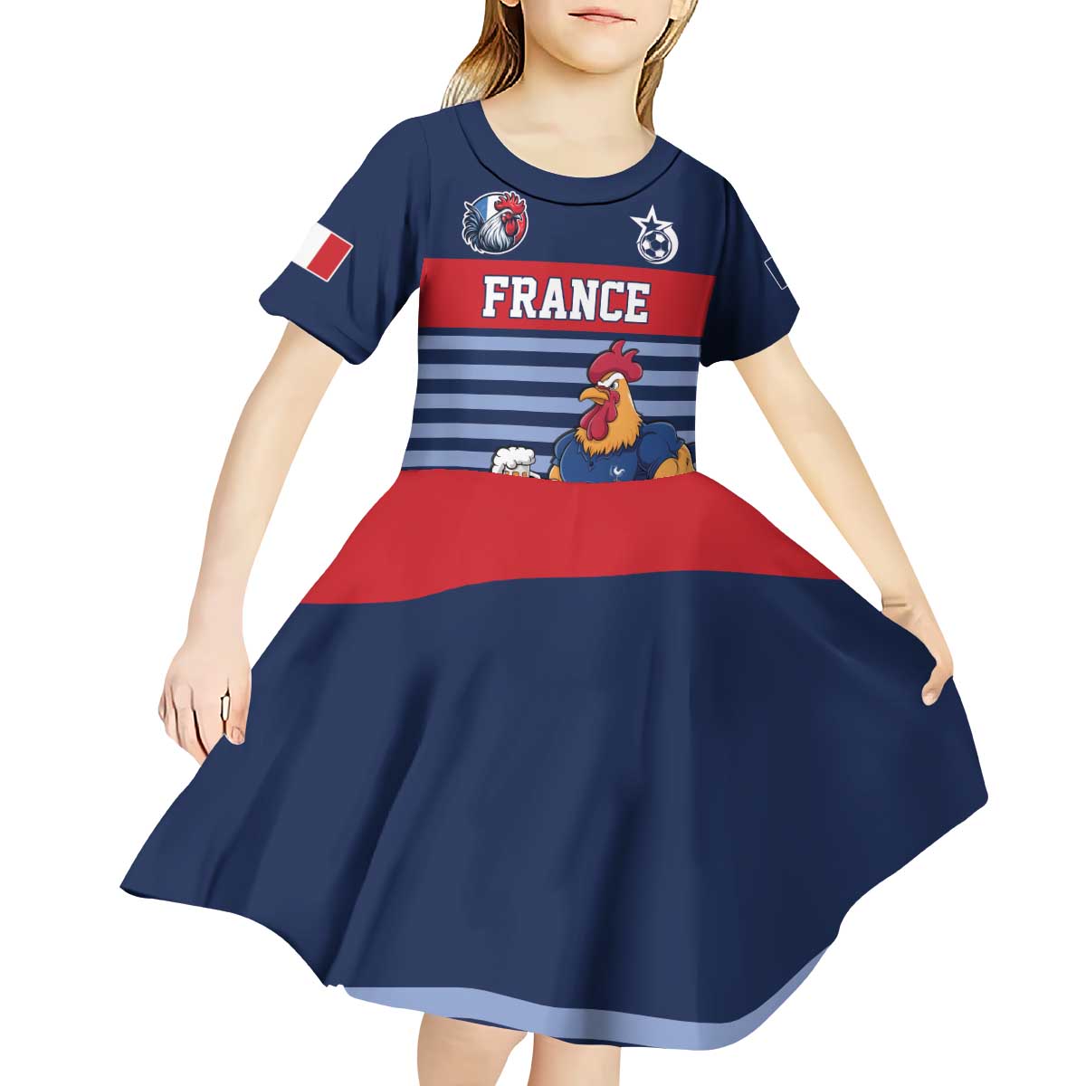 Custom France Football Kid Short Sleeve Dress Blue Gallic Rooster Mascot