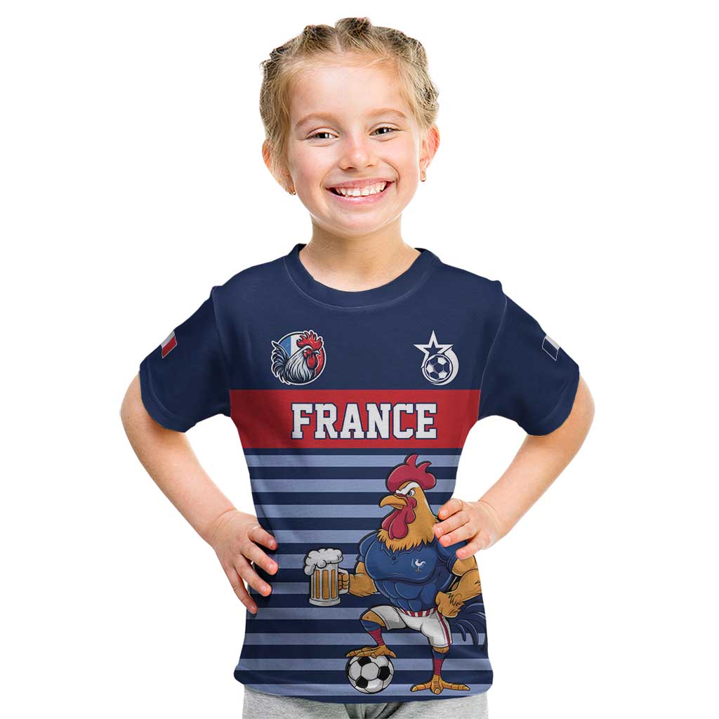 Custom France Football Kid T Shirt Blue Gallic Rooster Mascot