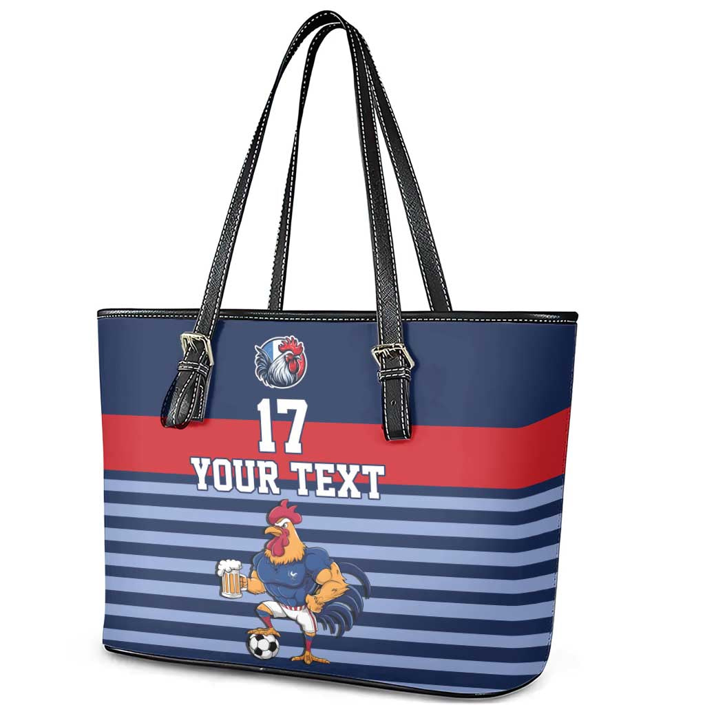 Custom France Football Leather Tote Bag Blue Gallic Rooster Mascot
