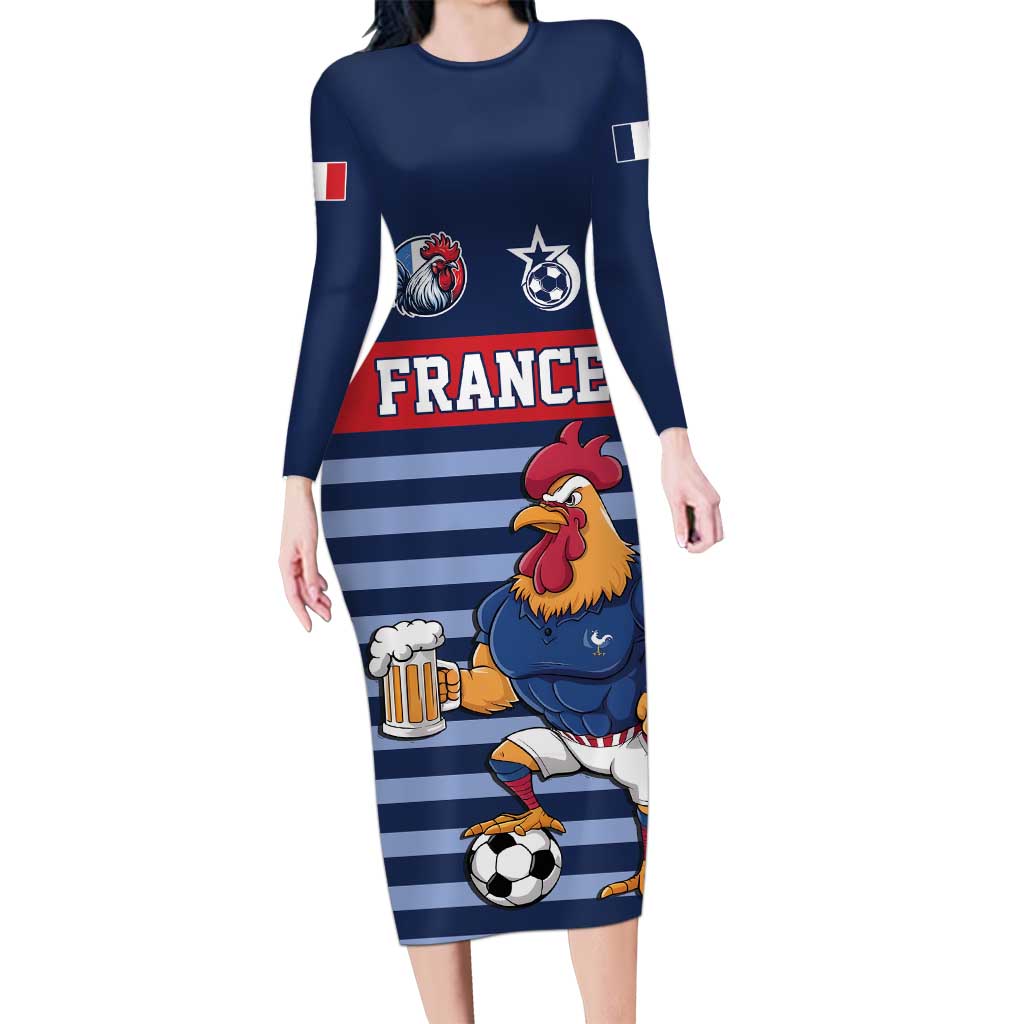 Custom France Football Long Sleeve Bodycon Dress Blue Gallic Rooster Mascot