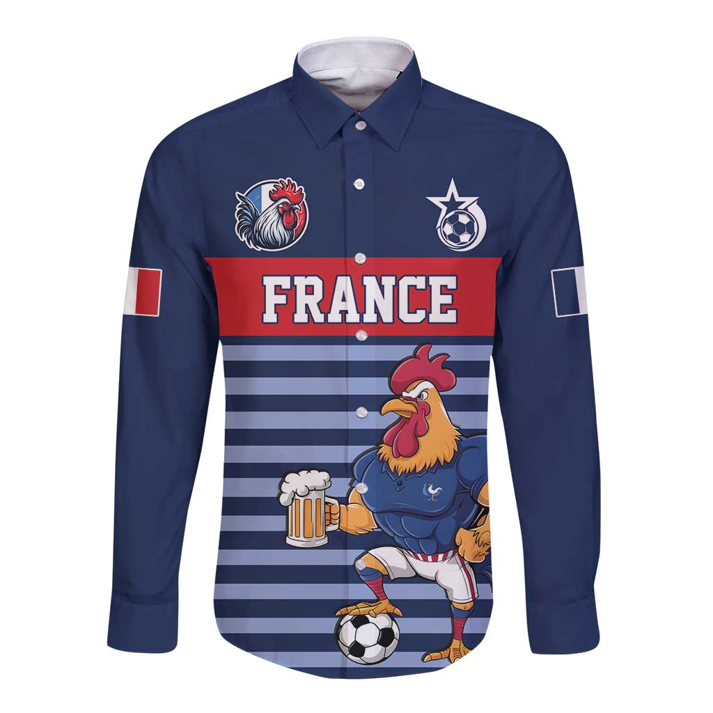 Custom France Football Long Sleeve Button Shirt Blue Gallic Rooster Mascot