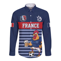 Custom France Football Long Sleeve Button Shirt Blue Gallic Rooster Mascot