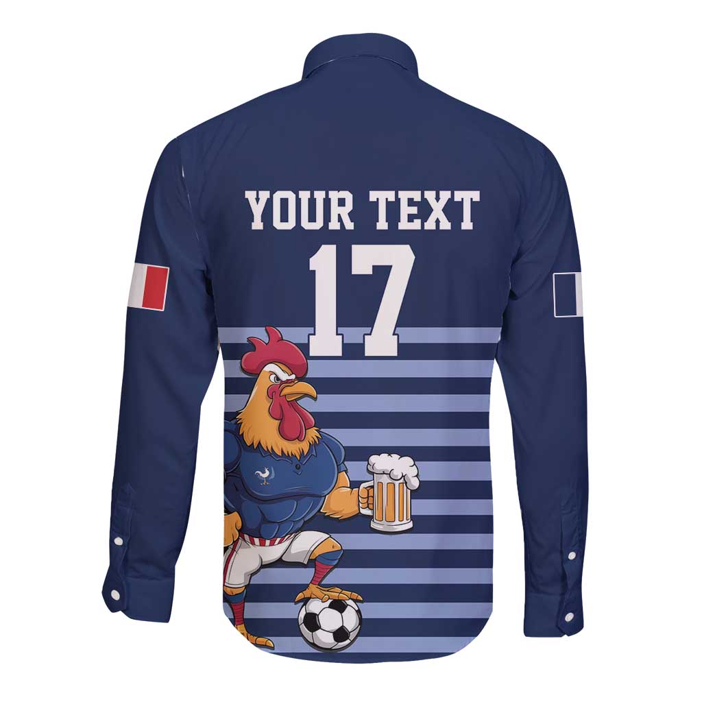 Custom France Football Long Sleeve Button Shirt Blue Gallic Rooster Mascot