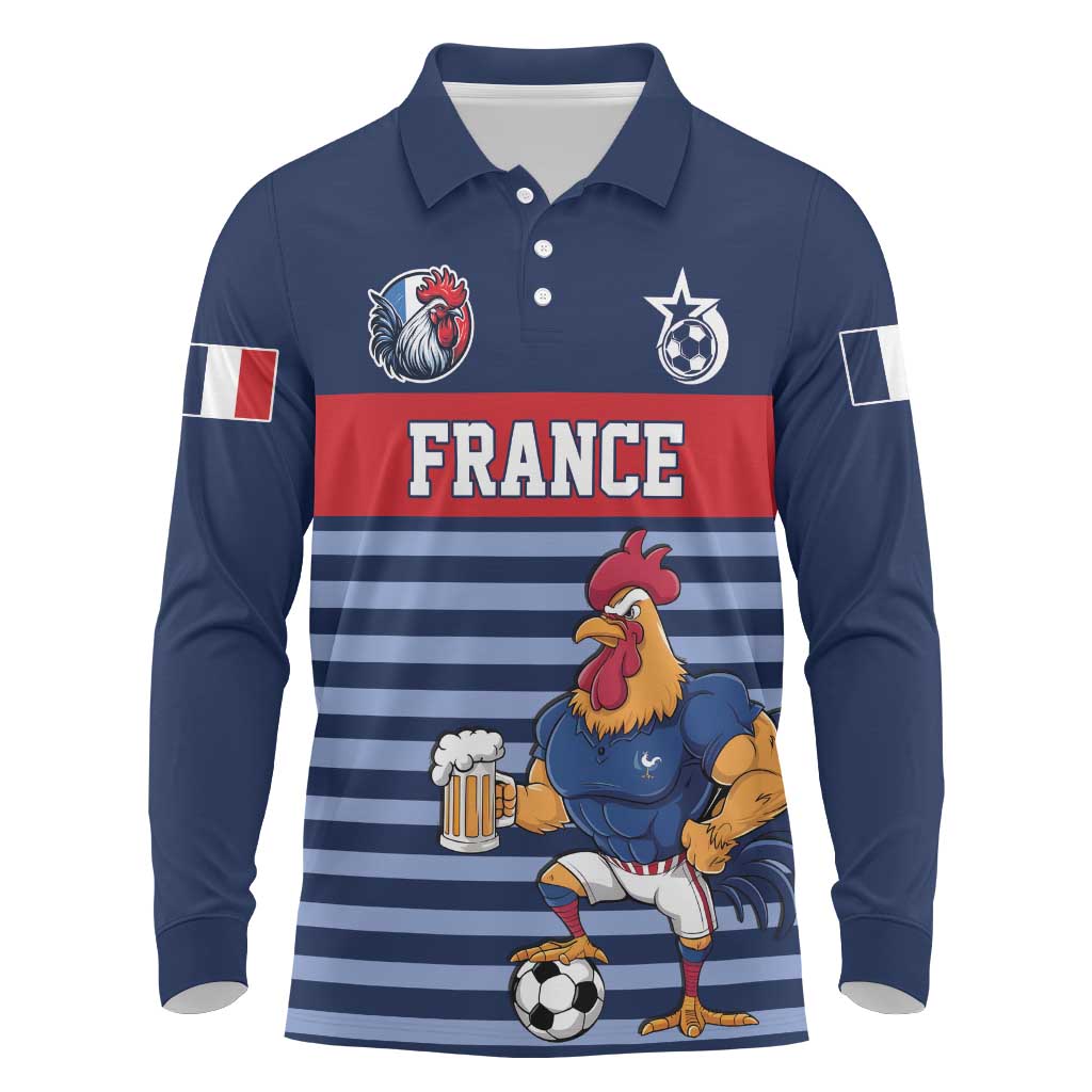 Custom France Football Long Sleeve Polo Shirt Blue Gallic Rooster Mascot