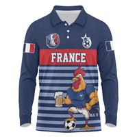 Custom France Football Long Sleeve Polo Shirt Blue Gallic Rooster Mascot