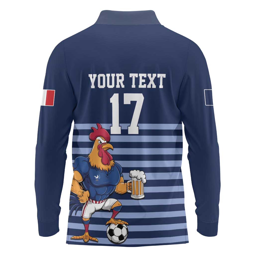 Custom France Football Long Sleeve Polo Shirt Blue Gallic Rooster Mascot