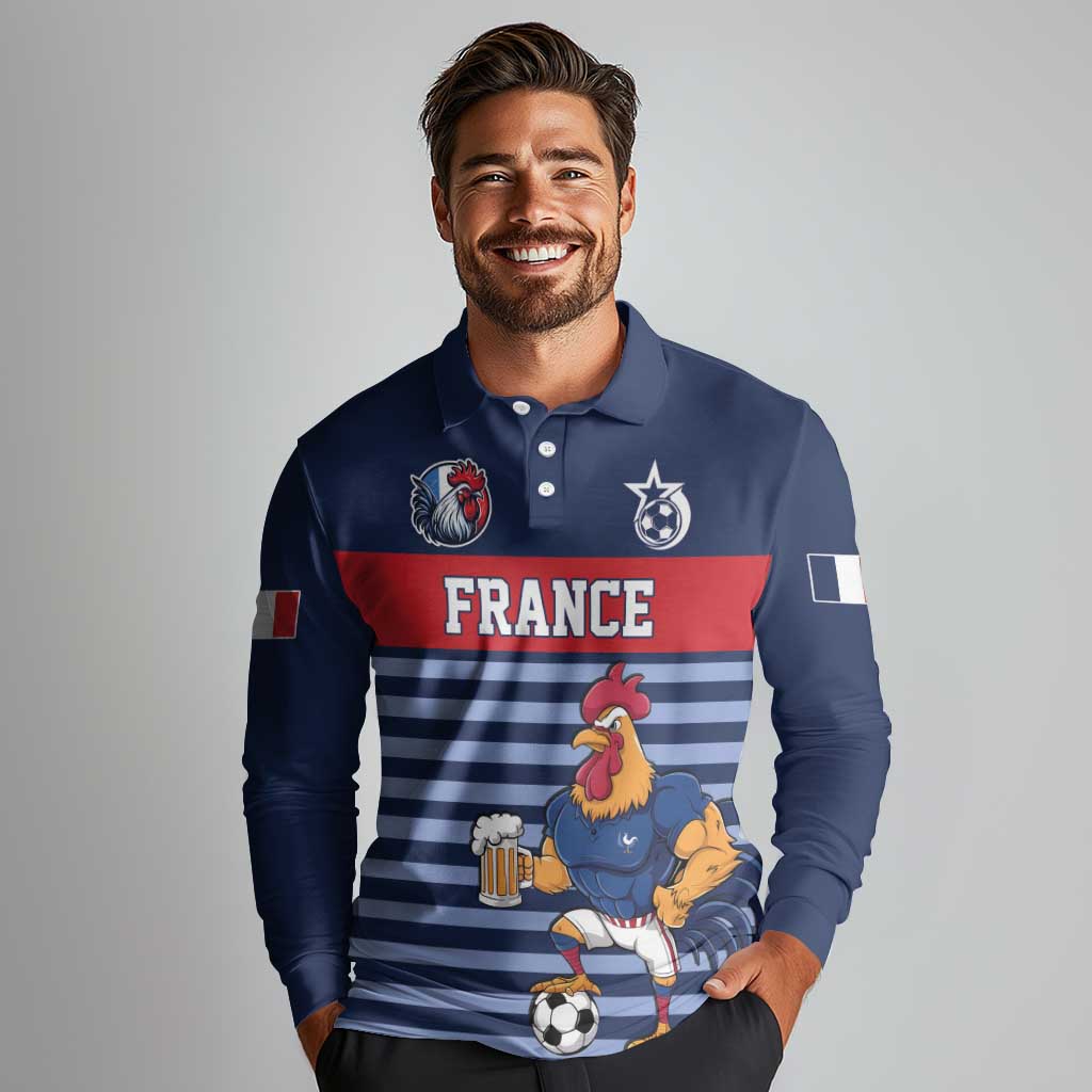 Custom France Football Long Sleeve Polo Shirt Blue Gallic Rooster Mascot