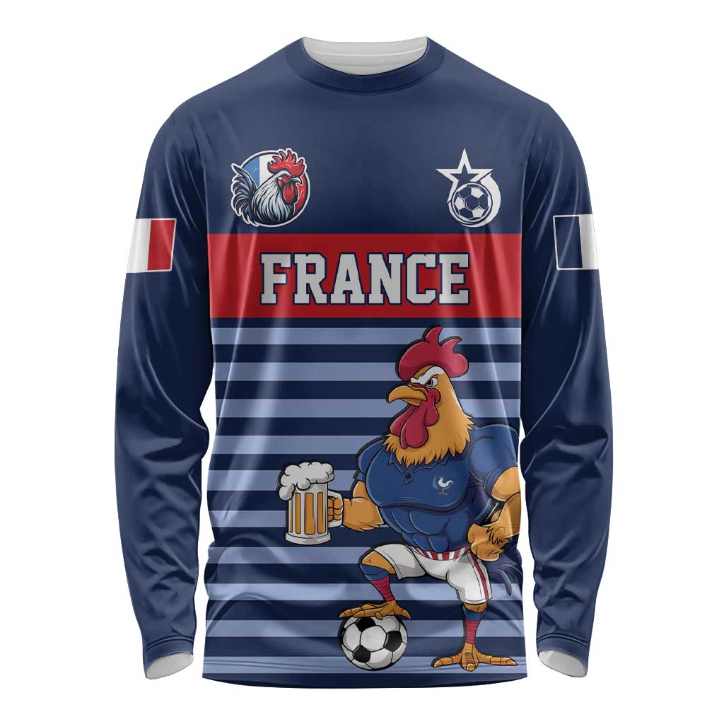 Custom France Football Long Sleeve Shirt Blue Gallic Rooster Mascot
