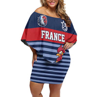 Custom France Football Off Shoulder Short Dress Blue Gallic Rooster Mascot