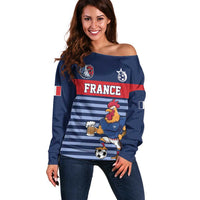 Custom France Football Off Shoulder Sweater Blue Gallic Rooster Mascot