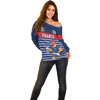 Custom France Football Off Shoulder Sweater Blue Gallic Rooster Mascot