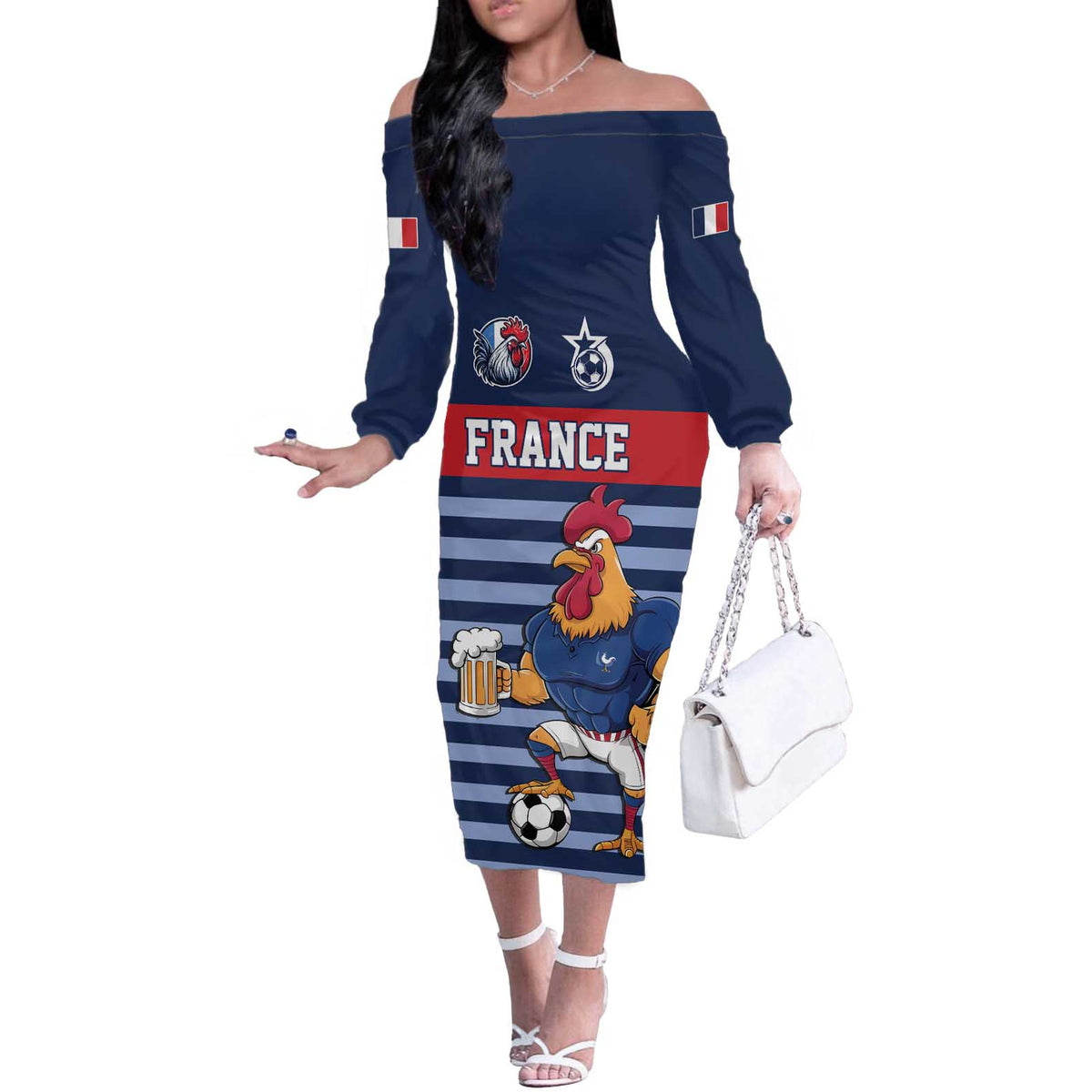 Custom France Football Off The Shoulder Long Sleeve Dress Blue Gallic Rooster Mascot
