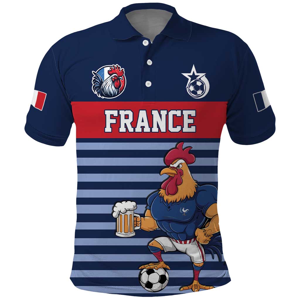 Custom France Football Polo Shirt Blue Gallic Rooster Mascot