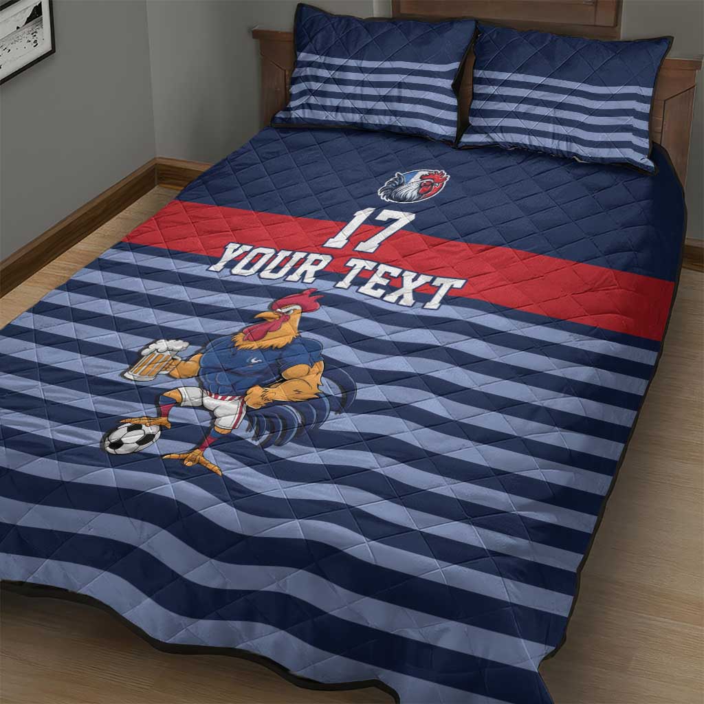 Custom France Football Quilt Bed Set Blue Gallic Rooster Mascot