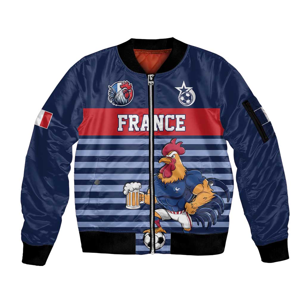 Custom France Football Sleeve Zip Bomber Jacket Blue Gallic Rooster Mascot