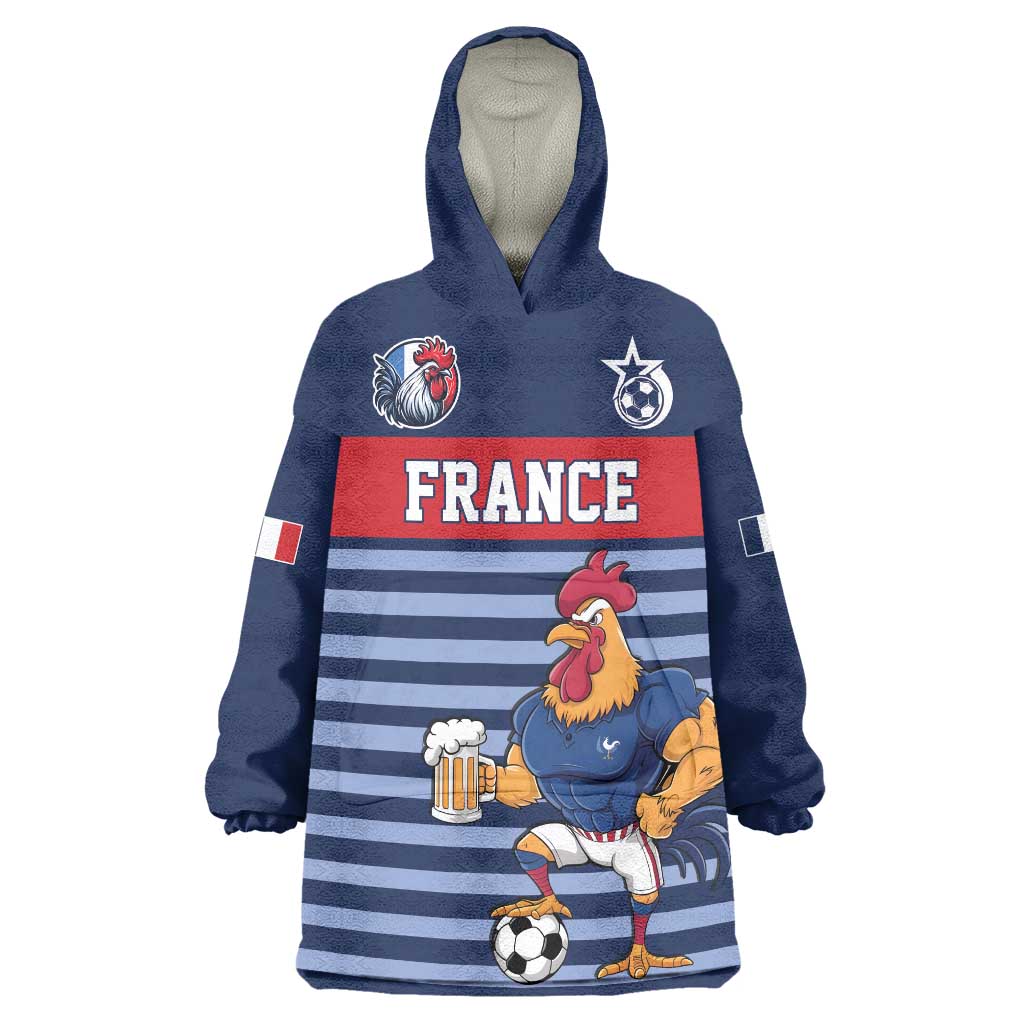 Custom France Football Wearable Blanket Hoodie Blue Gallic Rooster Mascot