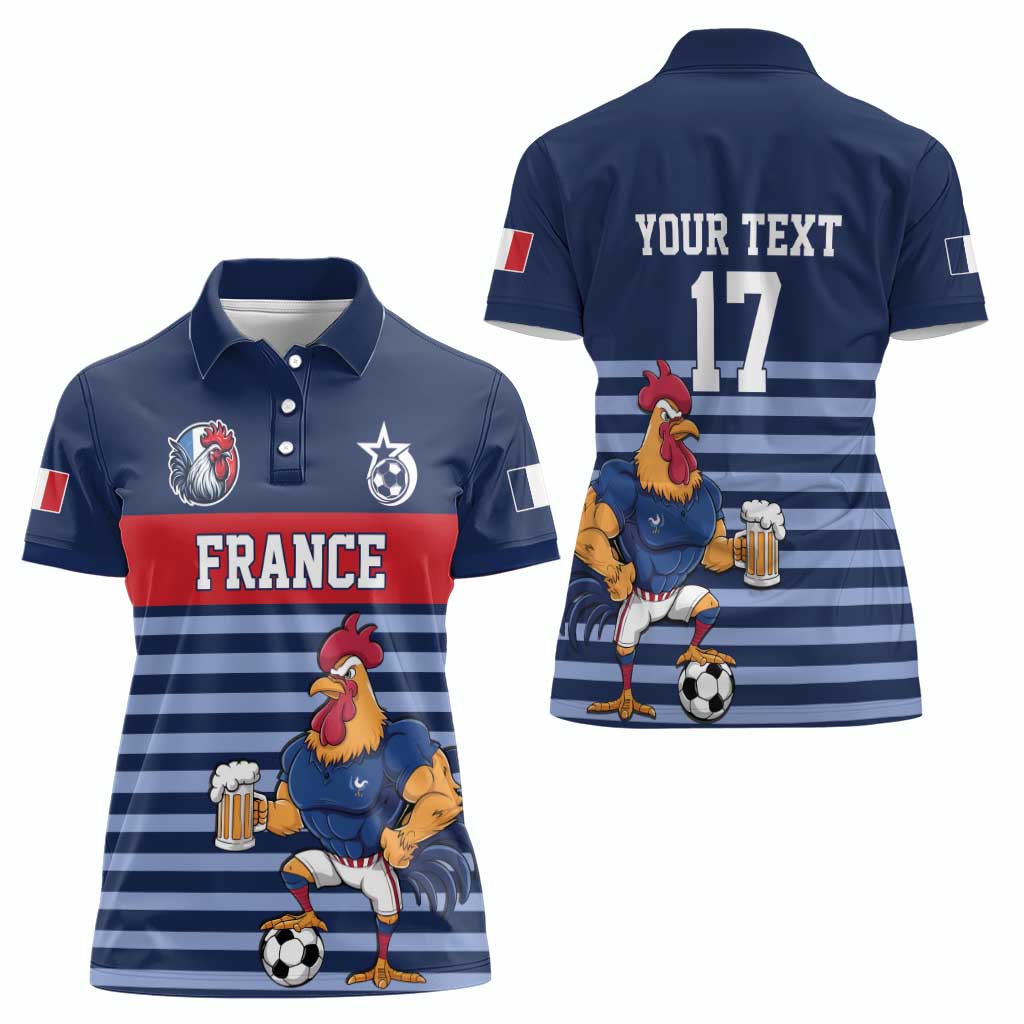 Custom France Football Women Polo Shirt Blue Gallic Rooster Mascot