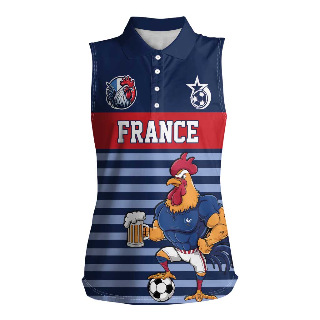 Custom France Football Women Sleeveless Polo Shirt Blue Gallic Rooster Mascot