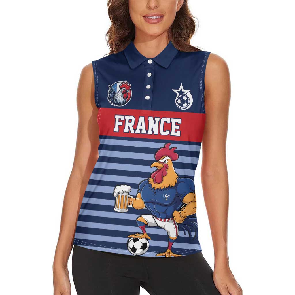 Custom France Football Women Sleeveless Polo Shirt Blue Gallic Rooster Mascot
