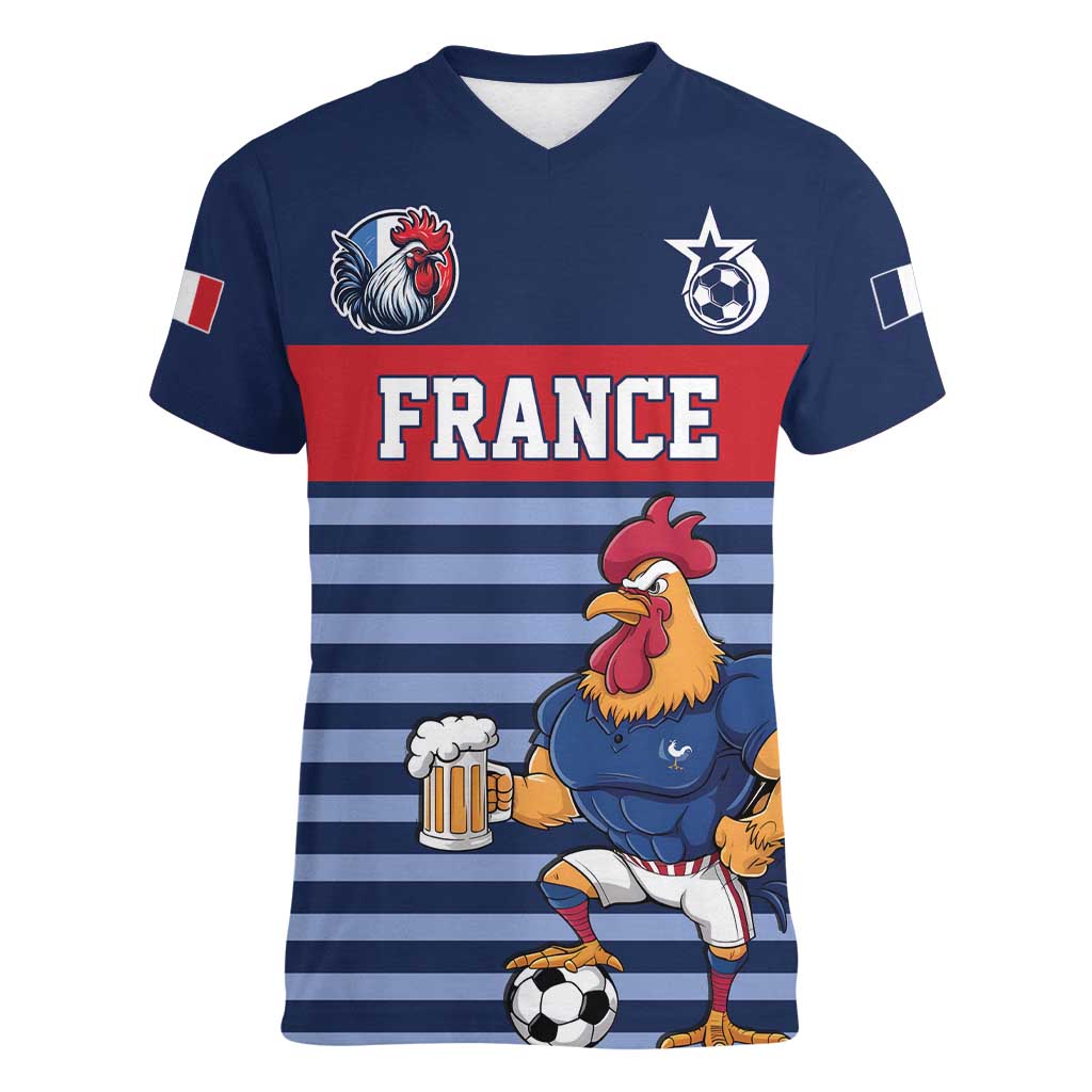 Custom France Football Women V-Neck T-Shirt Blue Gallic Rooster Mascot