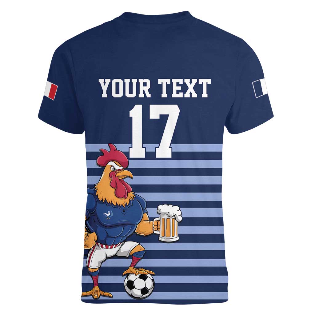 Custom France Football Women V-Neck T-Shirt Blue Gallic Rooster Mascot