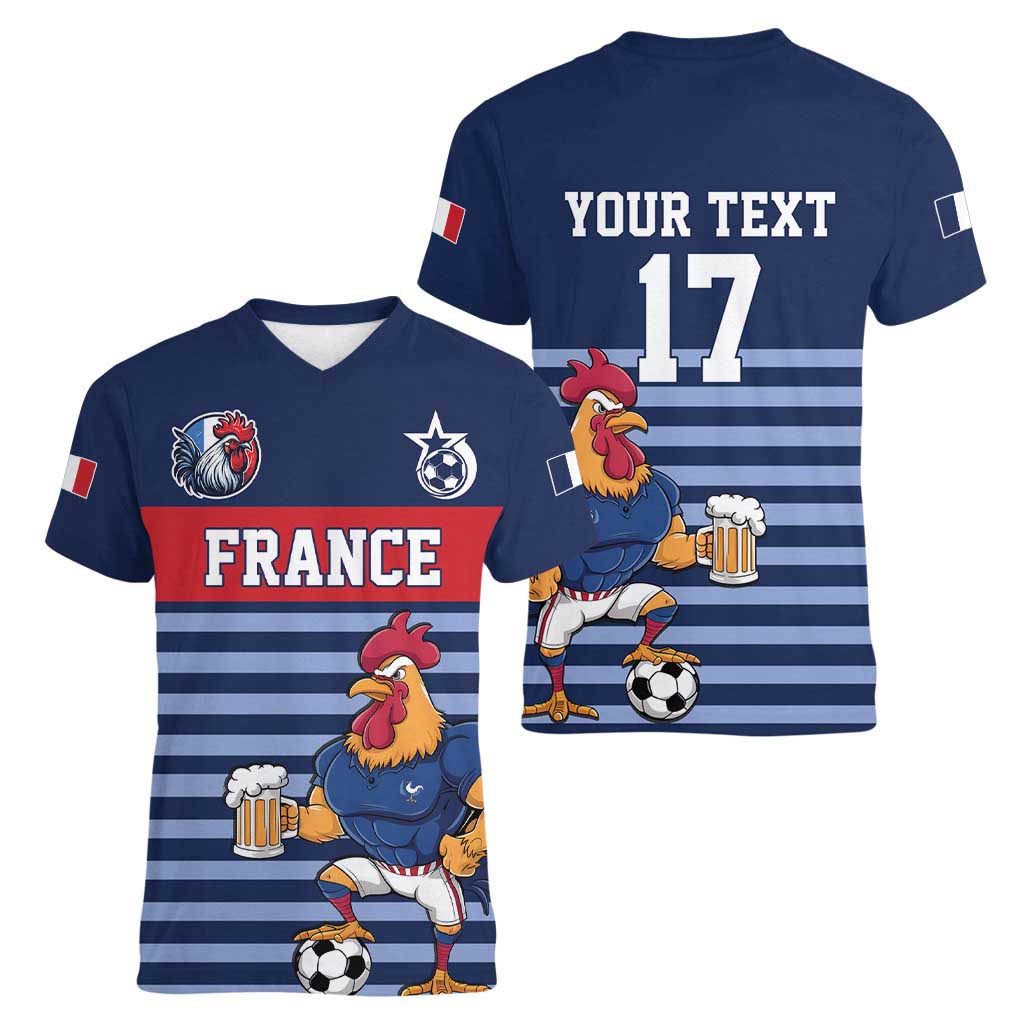 Custom France Football Women V-Neck T-Shirt Blue Gallic Rooster Mascot