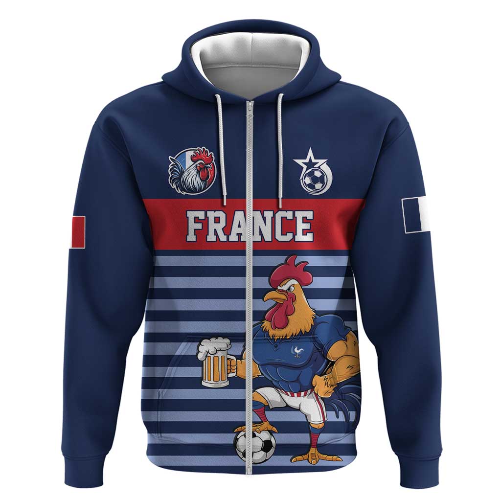 Custom France Football Zip Hoodie Blue Gallic Rooster Mascot