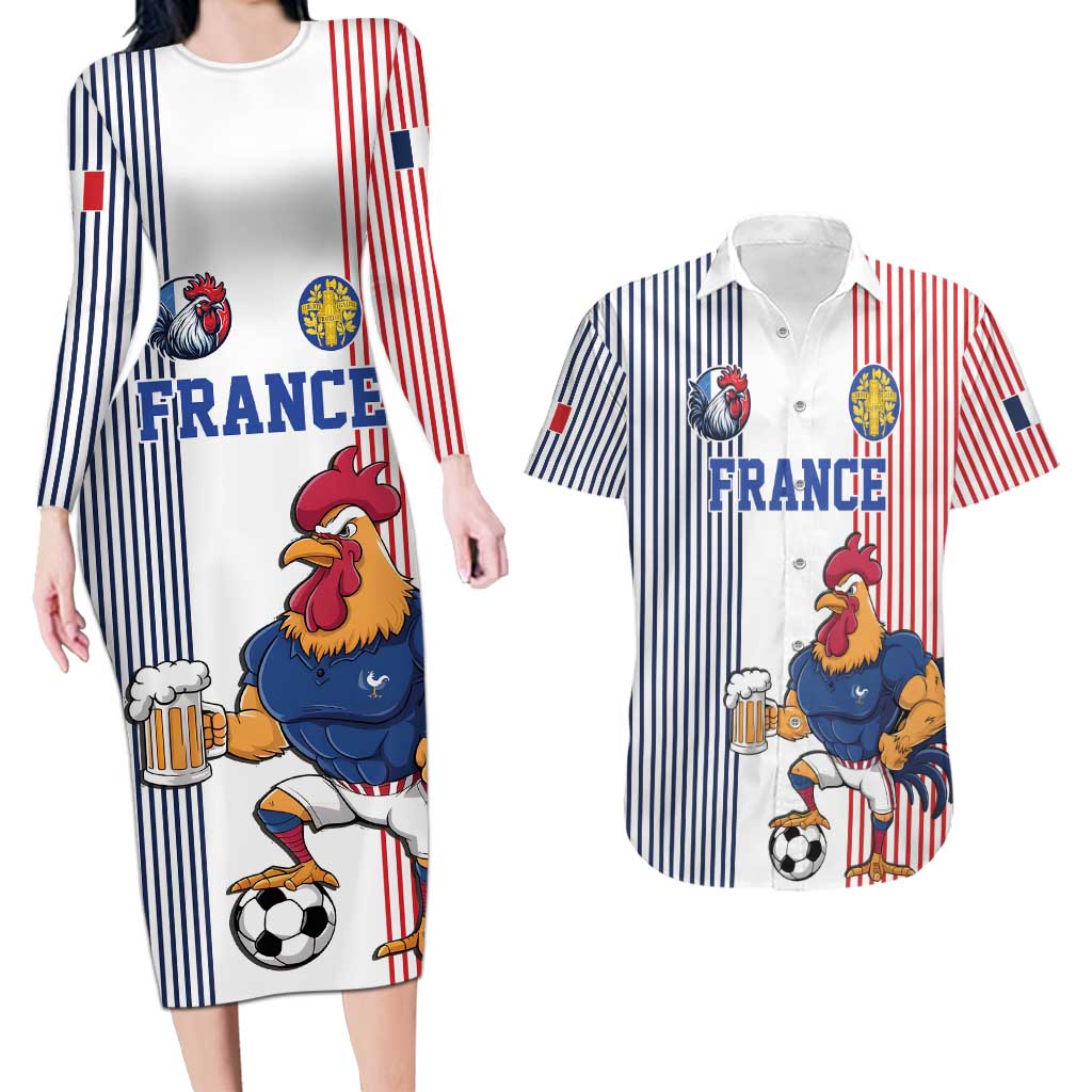 Custom France Football Couples Matching Long Sleeve Bodycon Dress and Hawaiian Shirt White Gallic Rooster Mascot