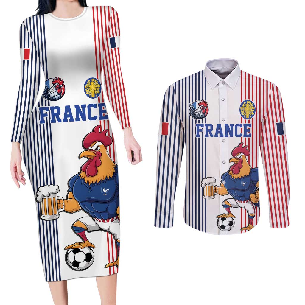 Custom France Football Couples Matching Long Sleeve Bodycon Dress and Long Sleeve Button Shirt White Gallic Rooster Mascot
