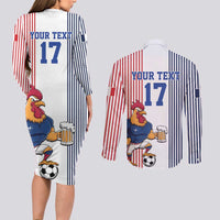 Custom France Football Couples Matching Long Sleeve Bodycon Dress and Long Sleeve Button Shirt White Gallic Rooster Mascot