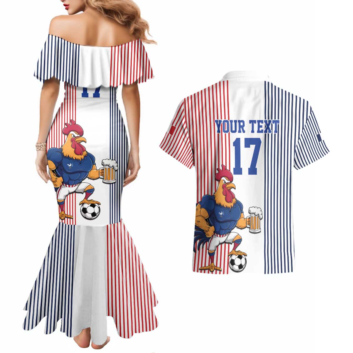 Custom France Football Couples Matching Mermaid Dress and Hawaiian Shirt White Gallic Rooster Mascot