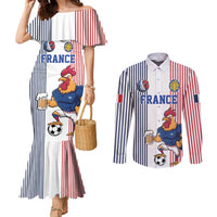 Custom France Football Couples Matching Mermaid Dress and Long Sleeve Button Shirt White Gallic Rooster Mascot