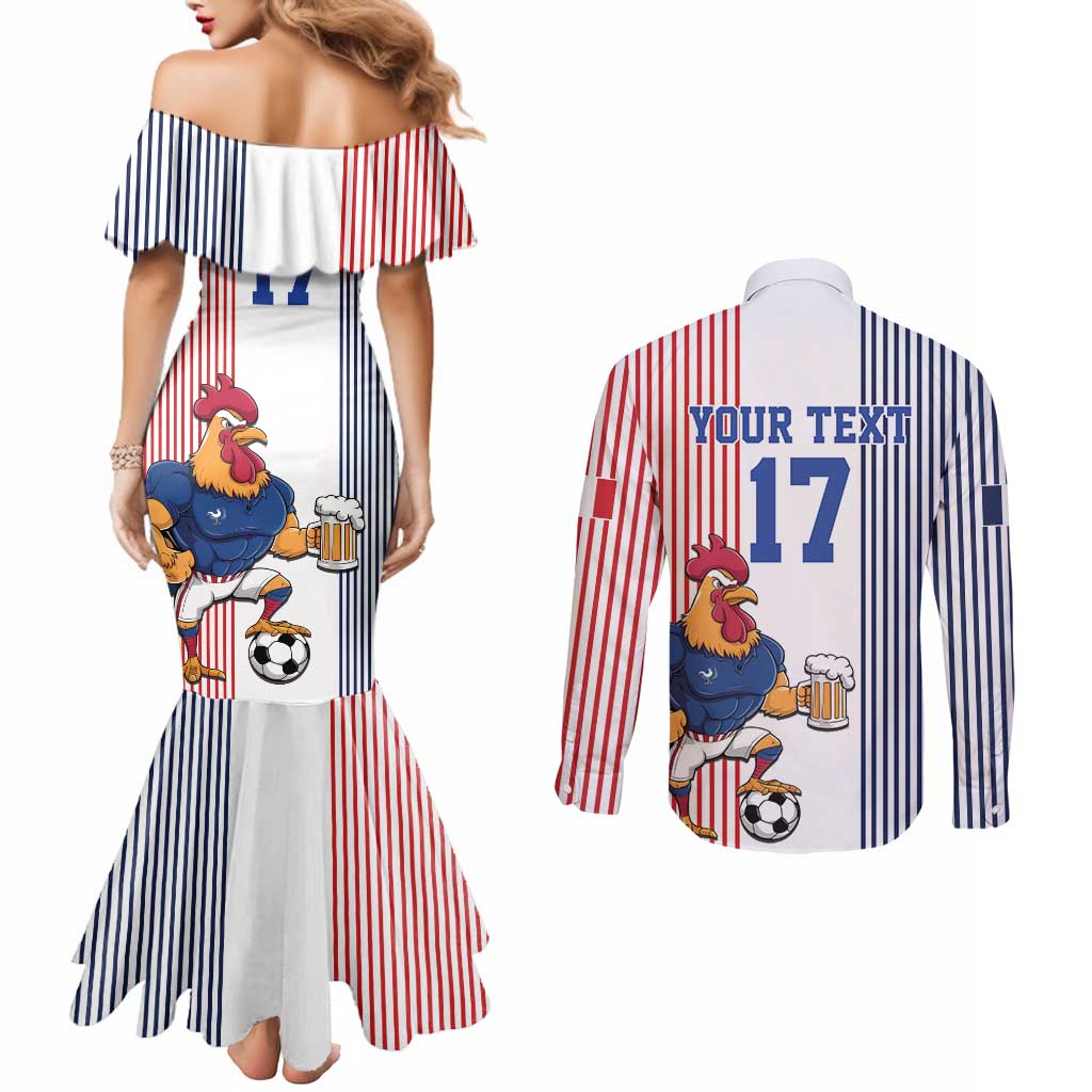 Custom France Football Couples Matching Mermaid Dress and Long Sleeve Button Shirt White Gallic Rooster Mascot