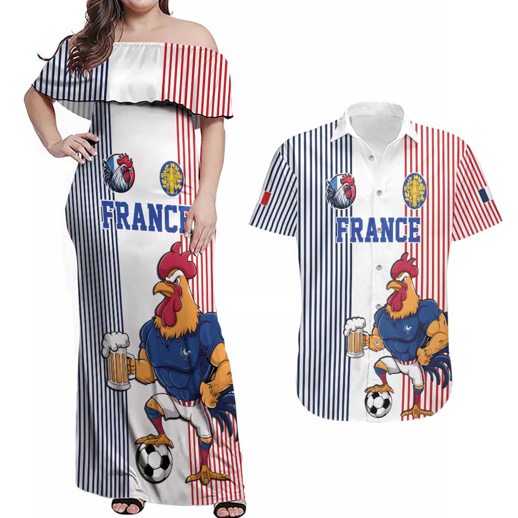Custom France Football Couples Matching Off Shoulder Maxi Dress and Hawaiian Shirt White Gallic Rooster Mascot