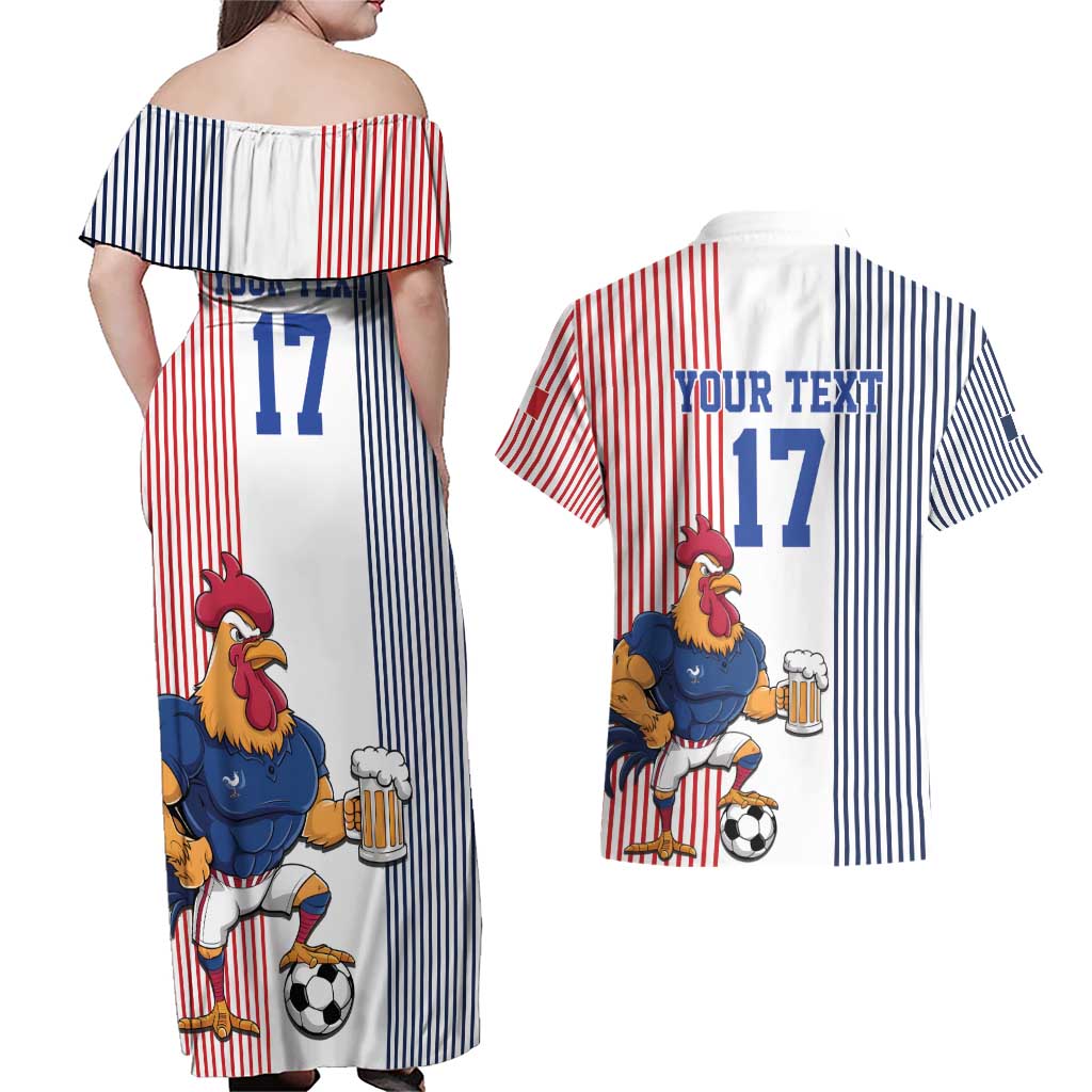 Custom France Football Couples Matching Off Shoulder Maxi Dress and Hawaiian Shirt White Gallic Rooster Mascot