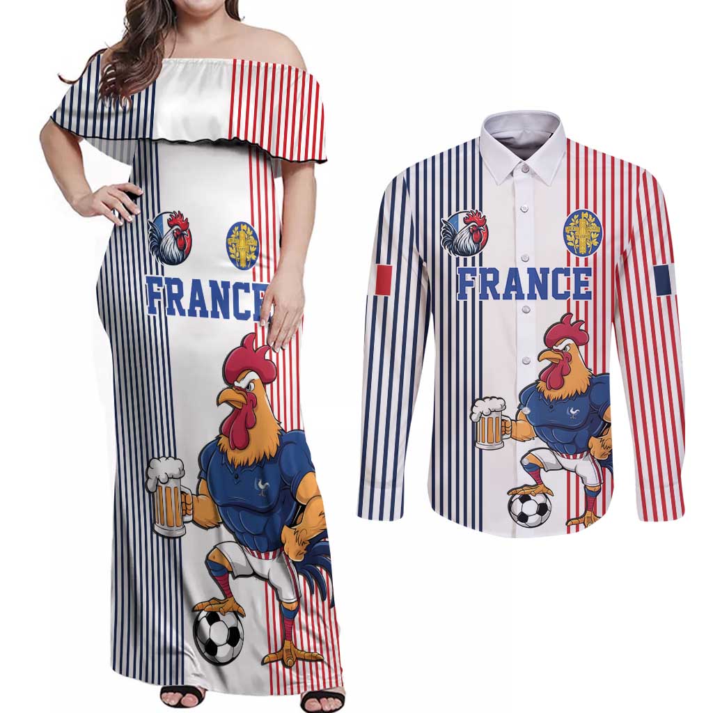 Custom France Football Couples Matching Off Shoulder Maxi Dress and Long Sleeve Button Shirt White Gallic Rooster Mascot