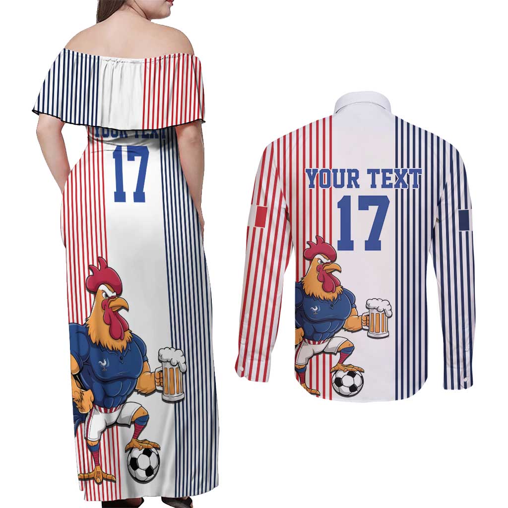 Custom France Football Couples Matching Off Shoulder Maxi Dress and Long Sleeve Button Shirt White Gallic Rooster Mascot