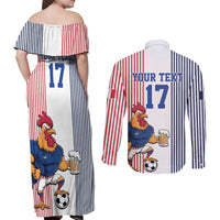 Custom France Football Couples Matching Off Shoulder Maxi Dress and Long Sleeve Button Shirt White Gallic Rooster Mascot