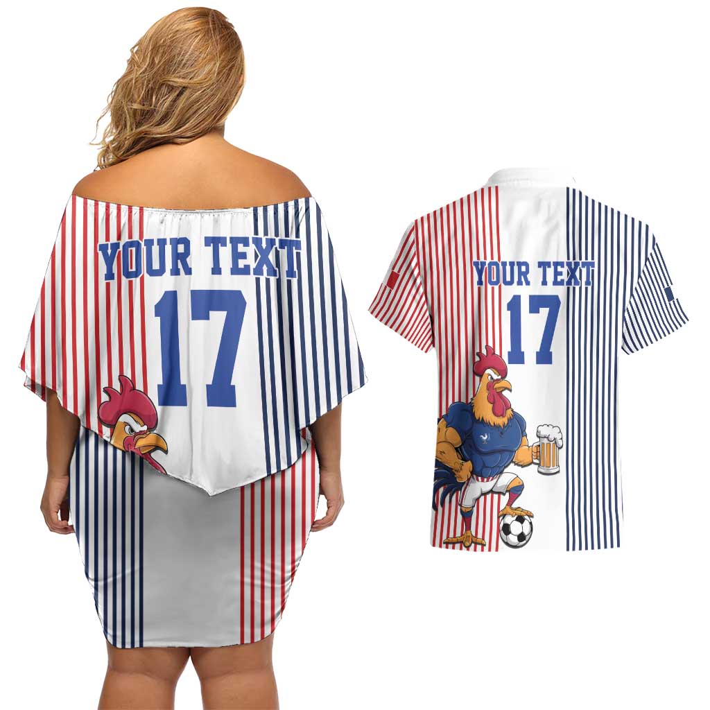 Custom France Football Couples Matching Off Shoulder Short Dress and Hawaiian Shirt White Gallic Rooster Mascot