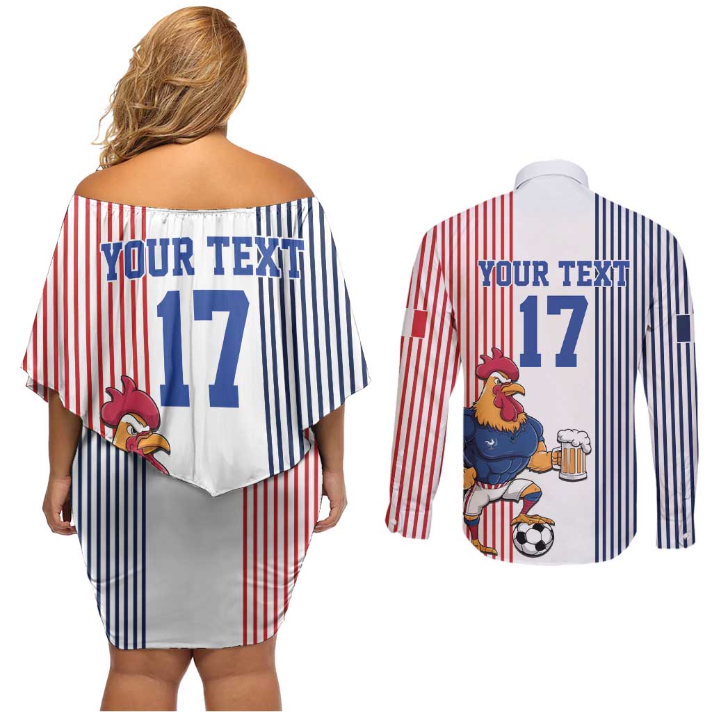 Custom France Football Couples Matching Off Shoulder Short Dress and Long Sleeve Button Shirt White Gallic Rooster Mascot
