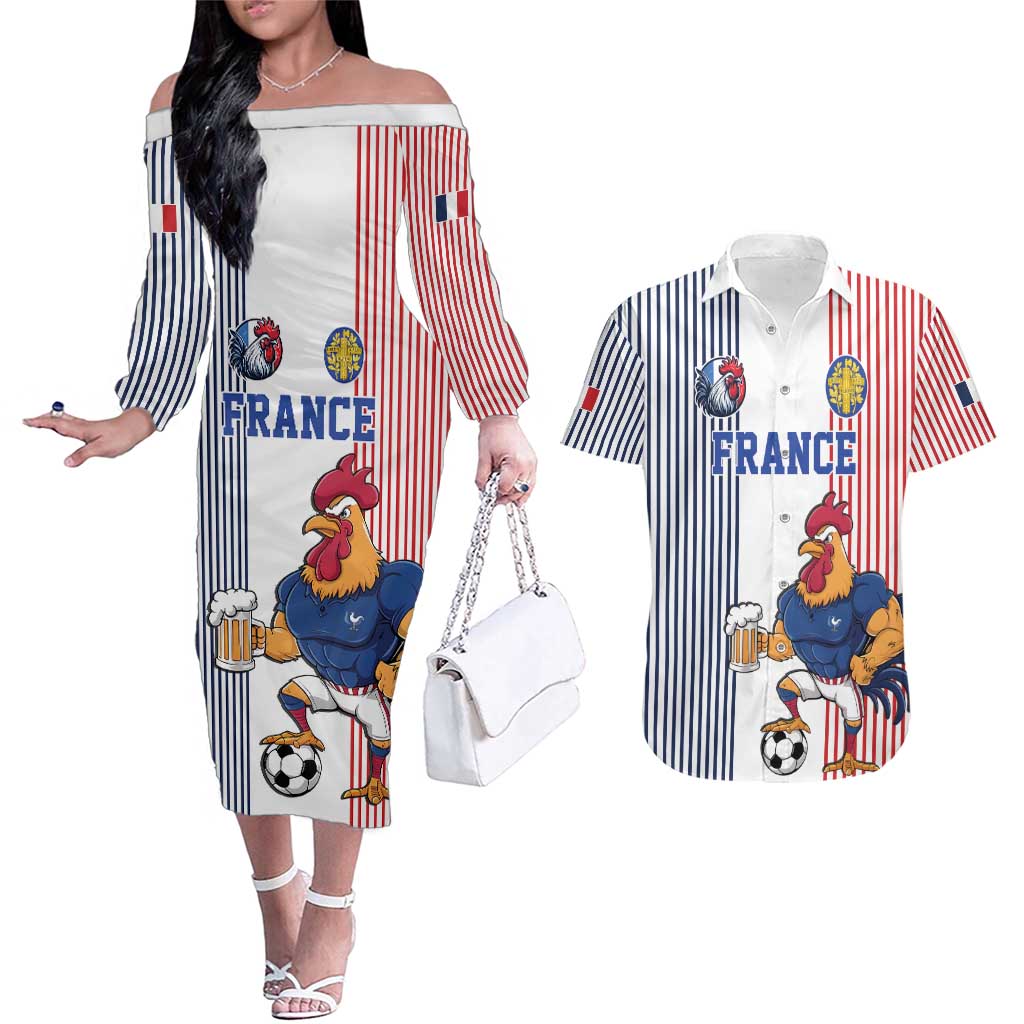 Custom France Football Couples Matching Off The Shoulder Long Sleeve Dress and Hawaiian Shirt White Gallic Rooster Mascot