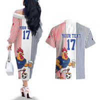 Custom France Football Couples Matching Off The Shoulder Long Sleeve Dress and Hawaiian Shirt White Gallic Rooster Mascot