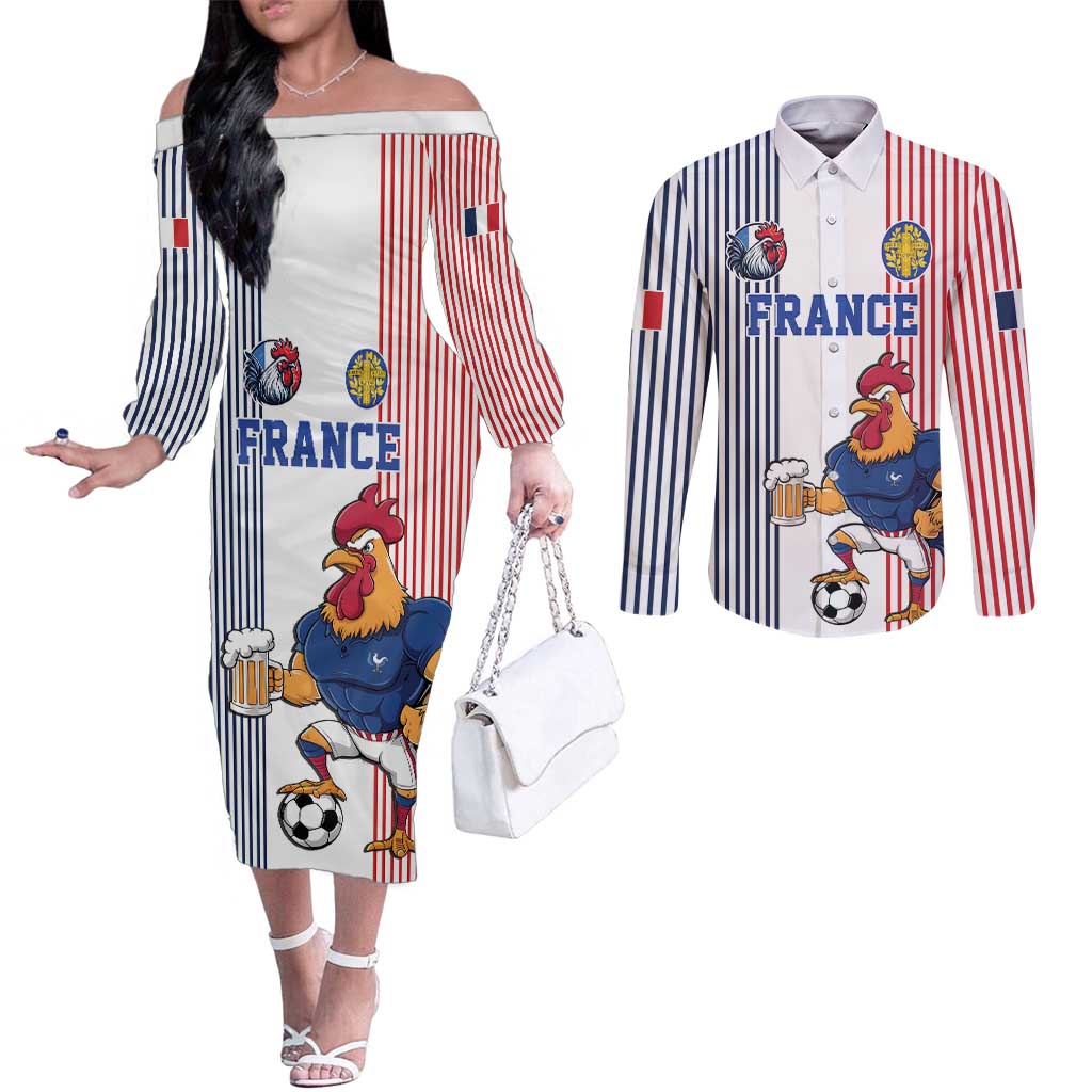 Custom France Football Couples Matching Off The Shoulder Long Sleeve Dress and Long Sleeve Button Shirt White Gallic Rooster Mascot
