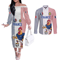 Custom France Football Couples Matching Off The Shoulder Long Sleeve Dress and Long Sleeve Button Shirt White Gallic Rooster Mascot