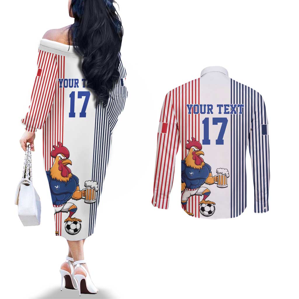 Custom France Football Couples Matching Off The Shoulder Long Sleeve Dress and Long Sleeve Button Shirt White Gallic Rooster Mascot
