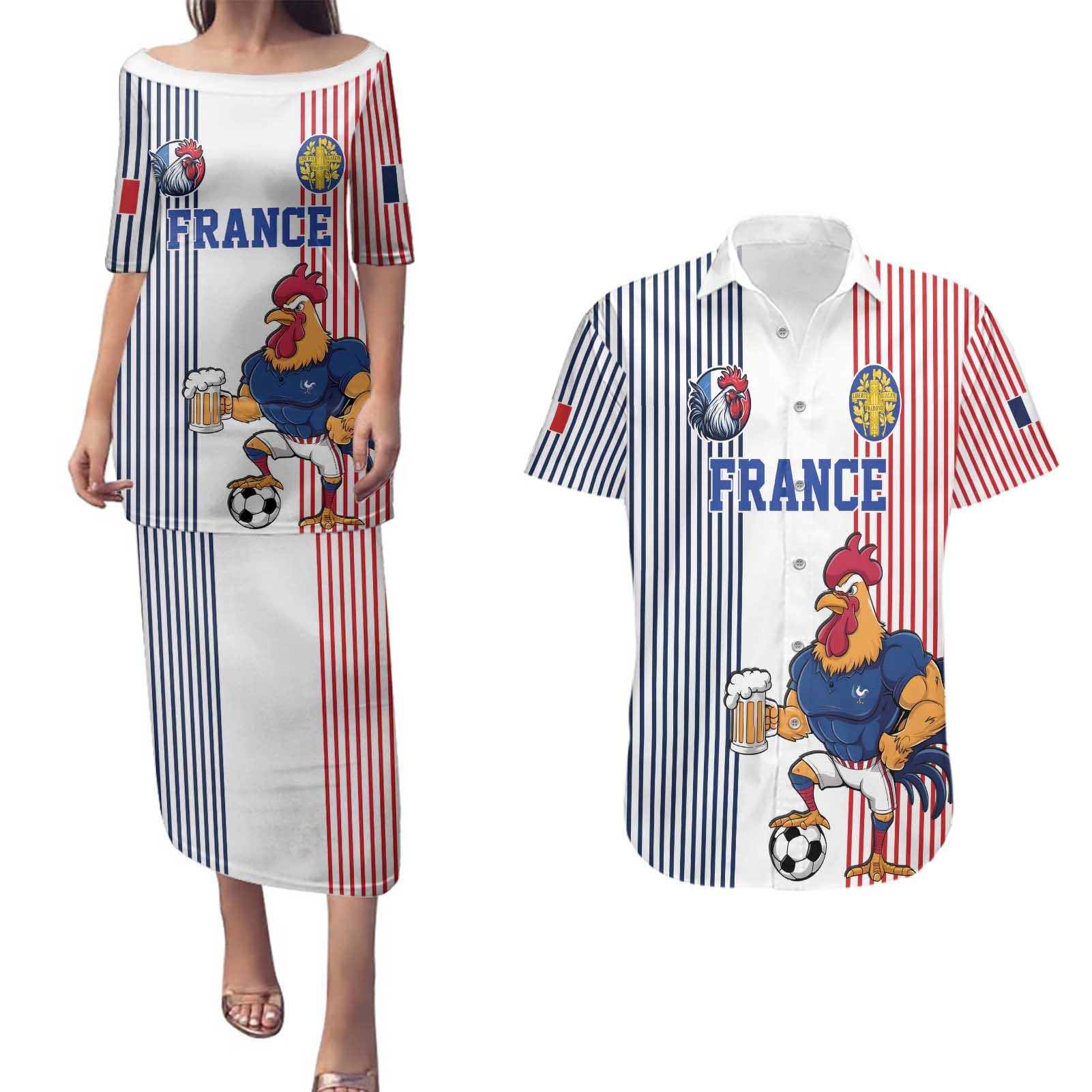 Custom France Football Couples Matching Puletasi and Hawaiian Shirt White Gallic Rooster Mascot