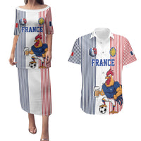 Custom France Football Couples Matching Puletasi and Hawaiian Shirt White Gallic Rooster Mascot